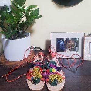 Pom pom ankle wrap sandals